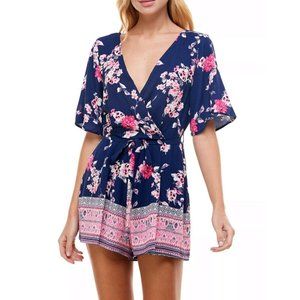 TRIXXI Womens Navy Stretch Belted Floral Surplice Neckline Romper Juniors XS
